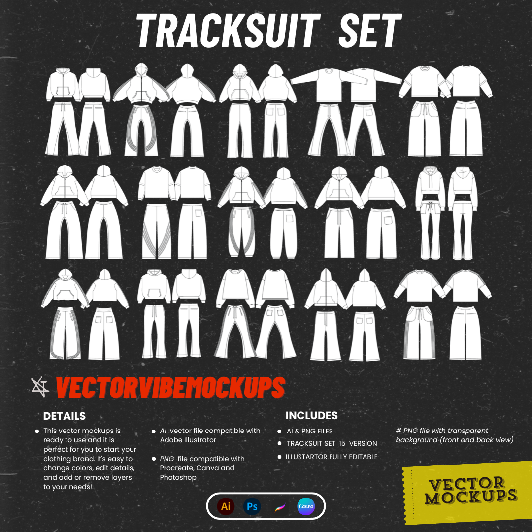 Tracksuit Set Vector Mockups, designed to simplify your creative process, are fully compatible with leading design software, including Adobe Illustrator, Procreate, Photoshop, and Canva. These mockups allow you to easily edit, customize, and scale your designs without losing quality. Whether you're a professional designer, a fashion brand, or a creative entrepreneur, these versatile mockups are the perfect tool to bring your ideas to life.